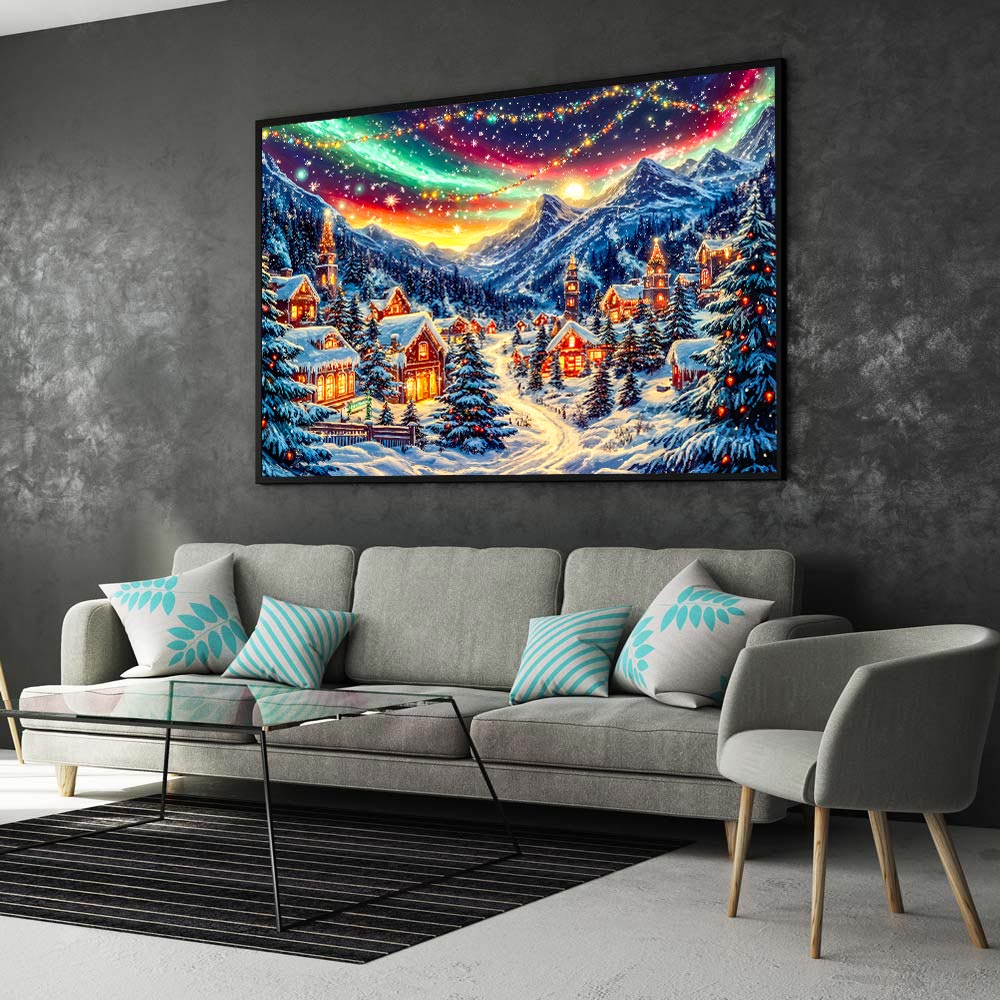 5D Diamond Painting mit AB Effekt – Winterliches Bergdorf unter Polarlichtern mit 100 Farben, Unique-Diamond