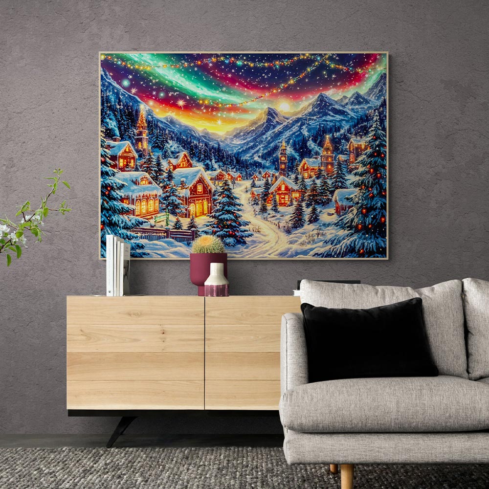 5D Diamond Painting mit AB Effekt – Winterliches Bergdorf unter Polarlichtern mit 100 Farben, Unique-Diamond