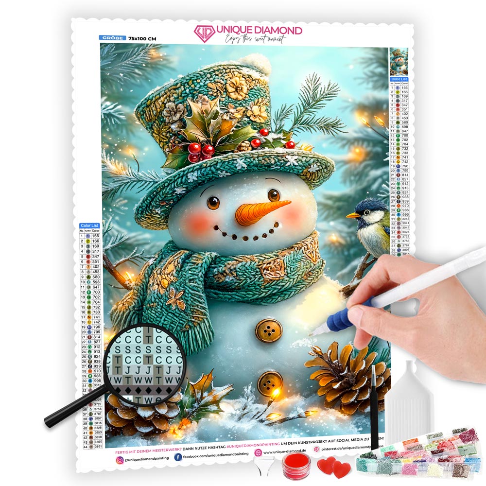 5D Diamond Painting mit AB-Effekt – Winterzauber-Schneemann, Unique-Diamond