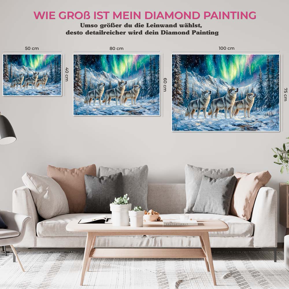 5D Diamond Painting mit AB-Effekt – Wölfe im Polarlicht mit 100 Farben, Unique-Diamond