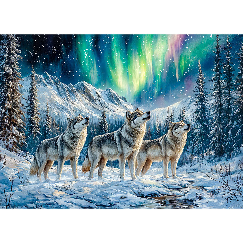 5D Diamond Painting mit AB-Effekt – Wölfe im Polarlicht mit 100 Farben, Unique-Diamond