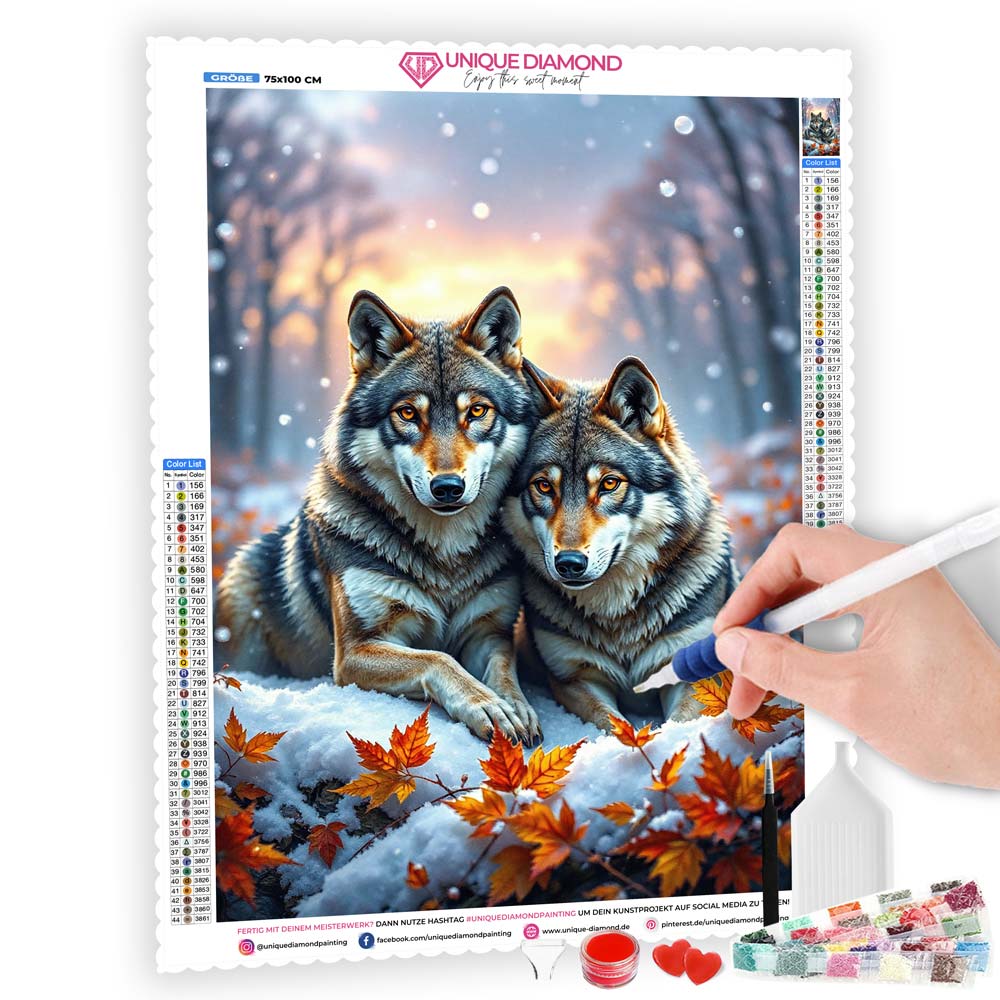 5D Diamond Painting mit AB-Effekt – Wolfspaar im Winterwald, Unique-Diamond