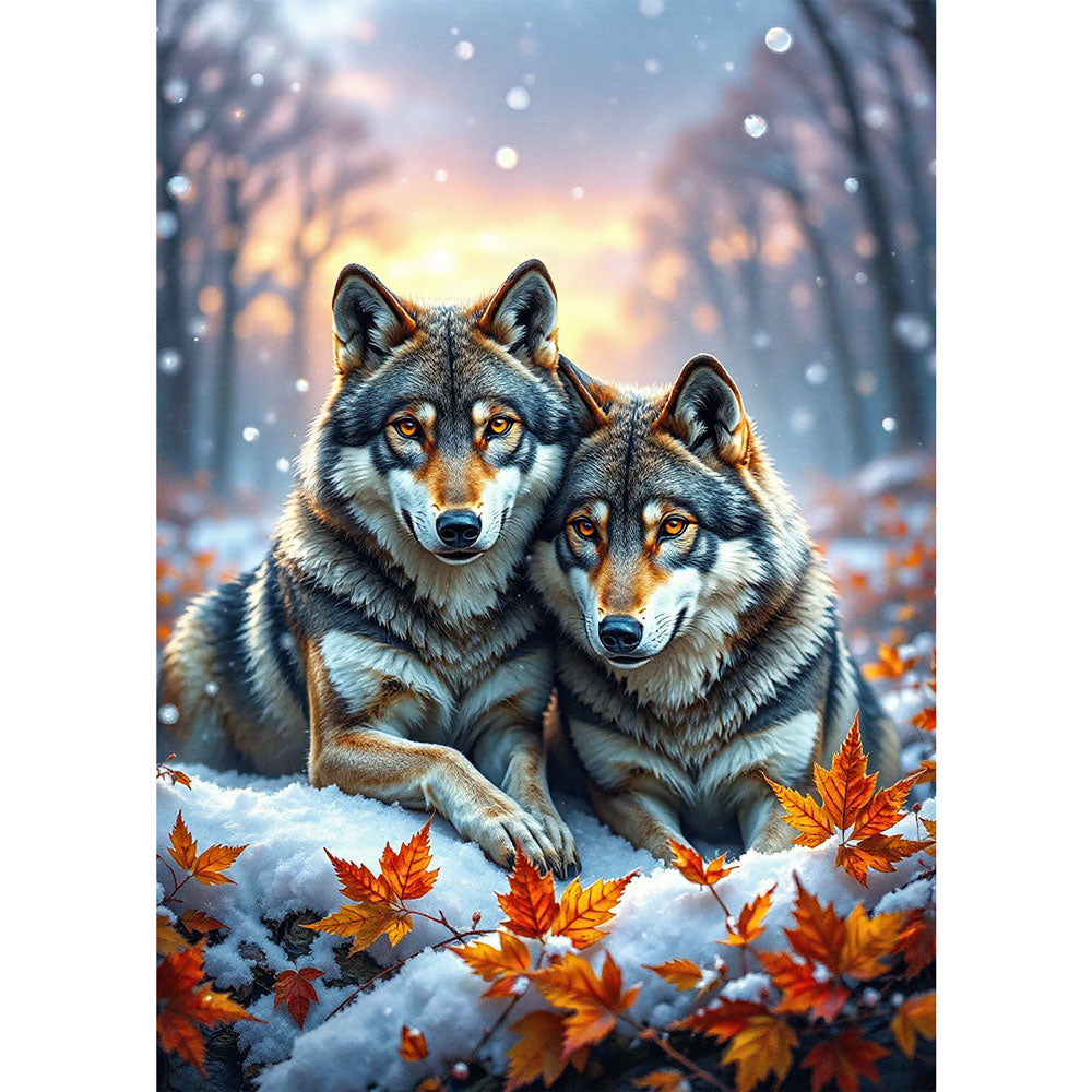 5D Diamond Painting mit AB-Effekt – Wolfspaar im Winterwald, Unique-Diamond