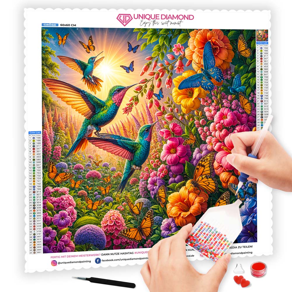 5D Diamond Painting mit AB-Effekt – Zauberhafte Kolibris im Blütenmeer mit 100 Farben, Unique-Diamond