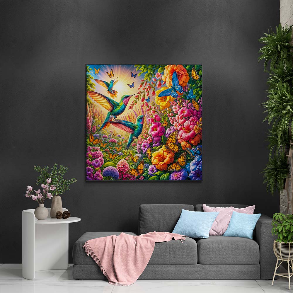 5D Diamond Painting mit AB-Effekt – Zauberhafte Kolibris im Blütenmeer mit 100 Farben, Unique-Diamond