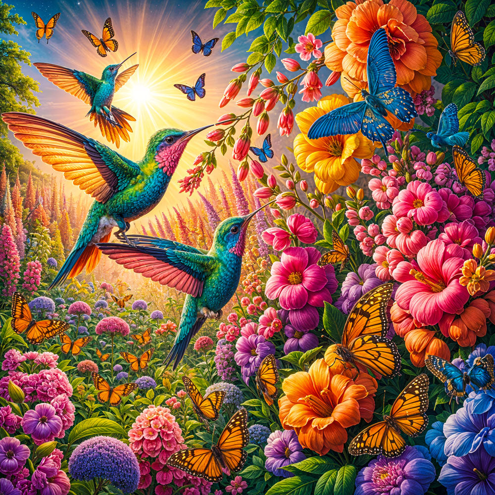 5D Diamond Painting mit AB-Effekt – Zauberhafte Kolibris im Blütenmeer mit 100 Farben, Unique-Diamond