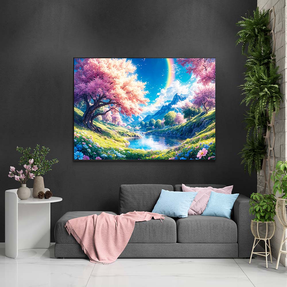 5D Diamond Painting mit AB-Effekt – Zauberhafter Kirschblütenhimmel mit 100 Farben, Unique-Diamond