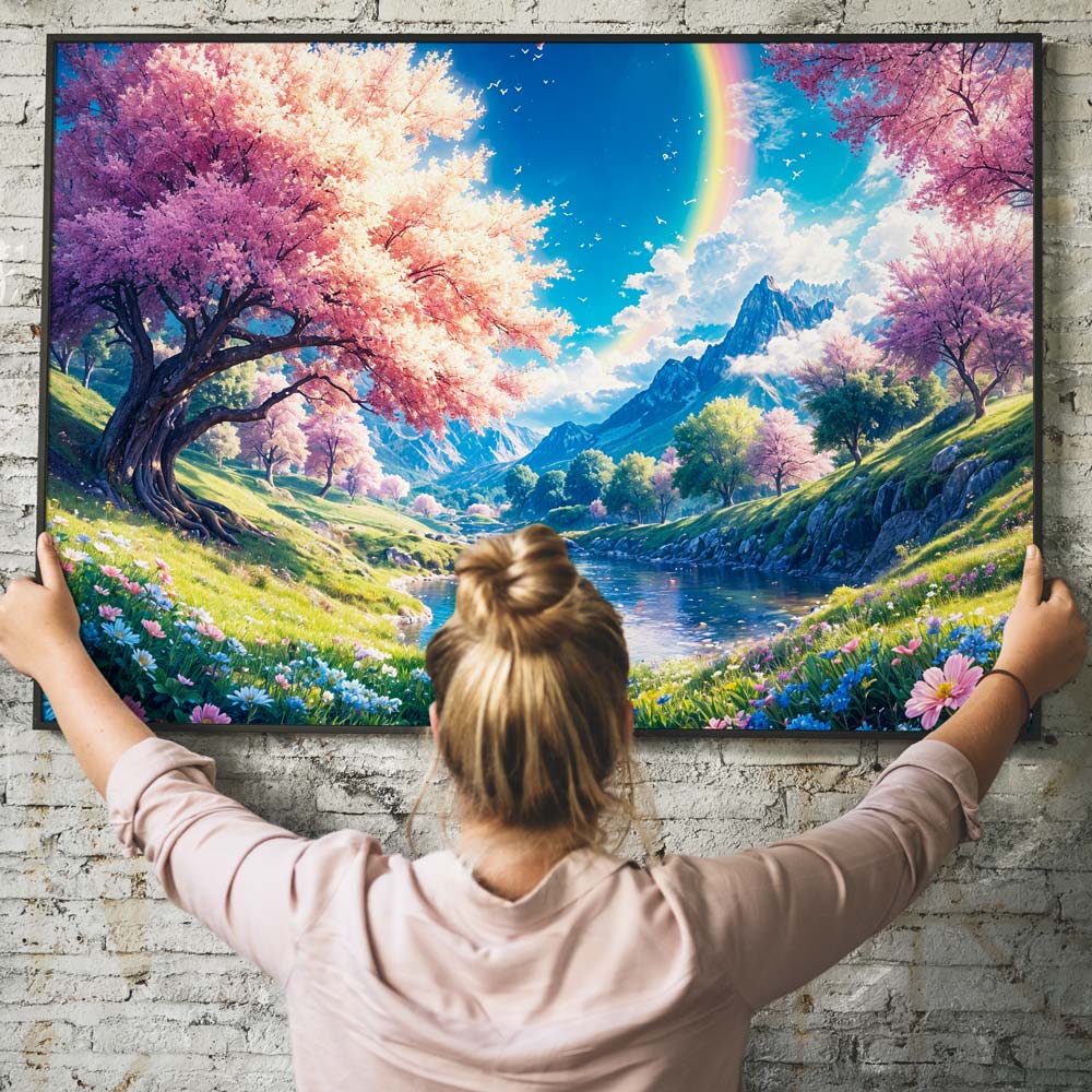 5D Diamond Painting mit AB-Effekt – Zauberhafter Kirschblütenhimmel mit 100 Farben, Unique-Diamond