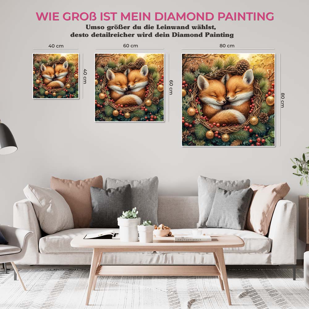 5D Diamond Painting mit AB Effekt – Zwei Fuchsjunge im Winterkranz, Unique-Diamond