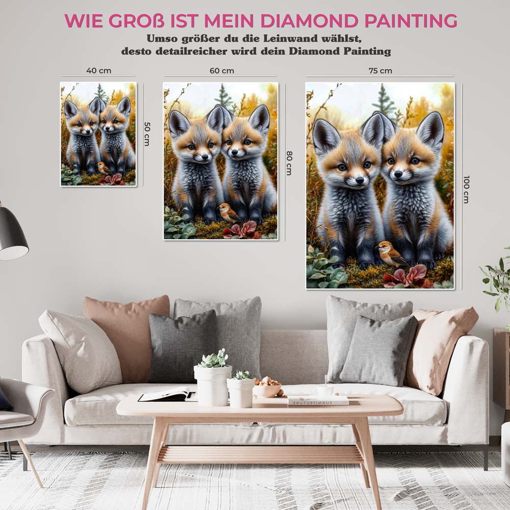 5D Diamond Painting mit AB Effekt – Zwillingsfüchse und Singvogel, Unique-Diamond