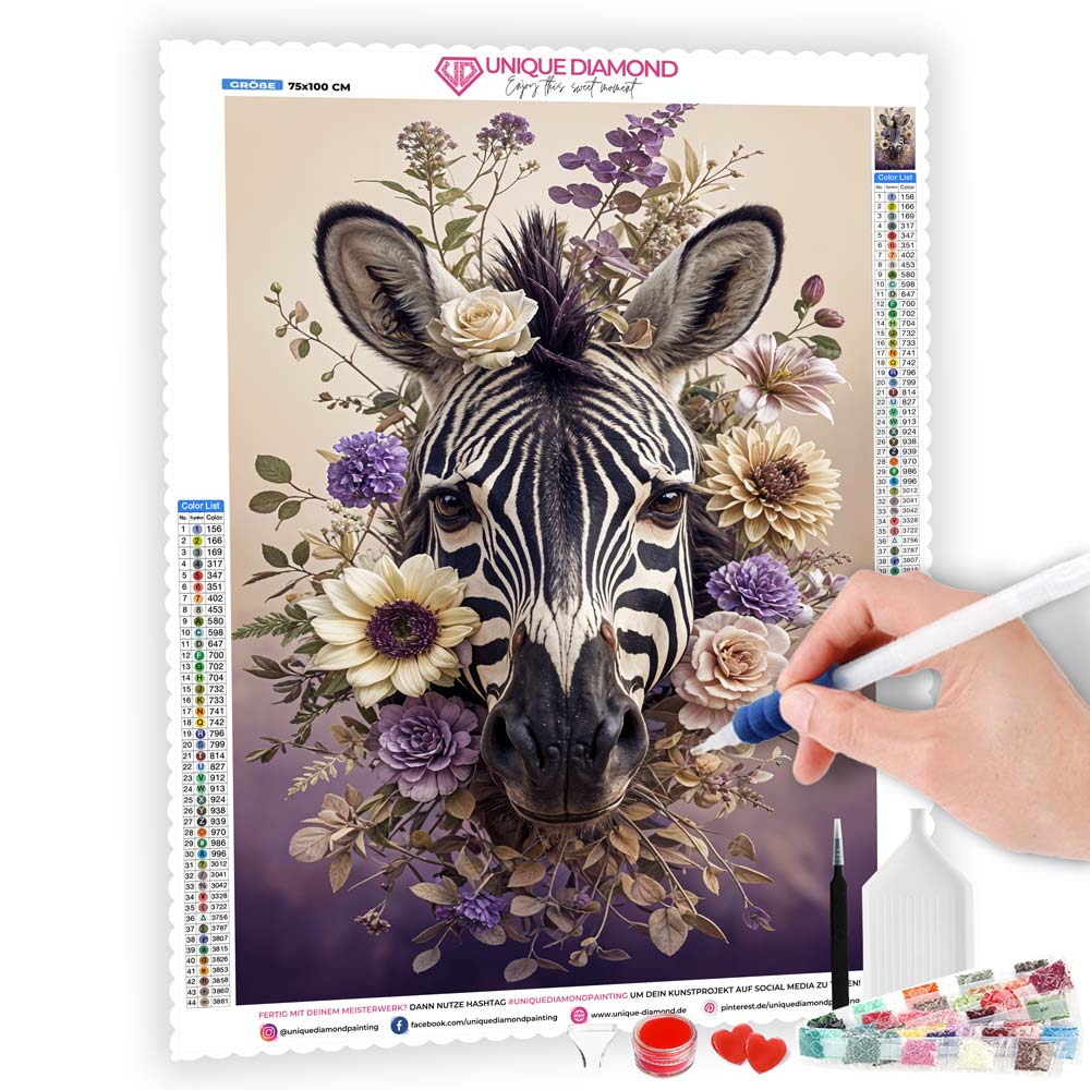 5D Diamond Painting mit AB Steine – Zaira, das elegante Blumen-Zebra, Unique-Diamond