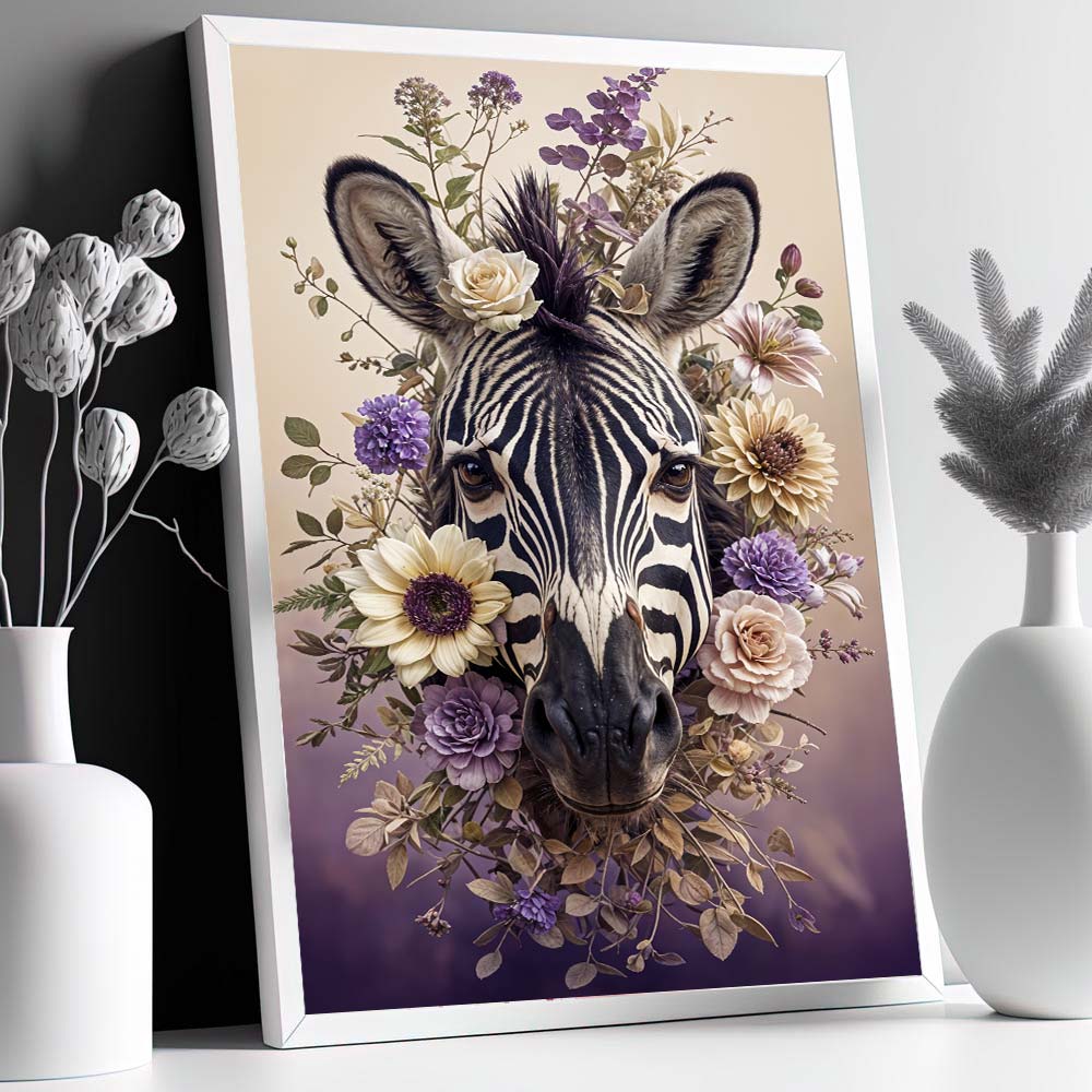 5D Diamond Painting mit AB Steine – Zaira, das elegante Blumen-Zebra, Unique-Diamond