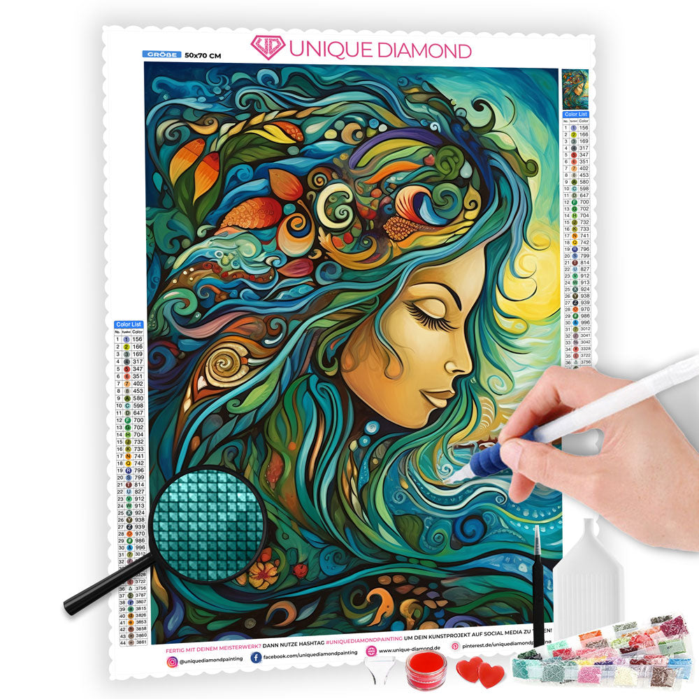 5D Diamond Painting AB Steine Happy Woman With Flower Hair, Unique-Diamond