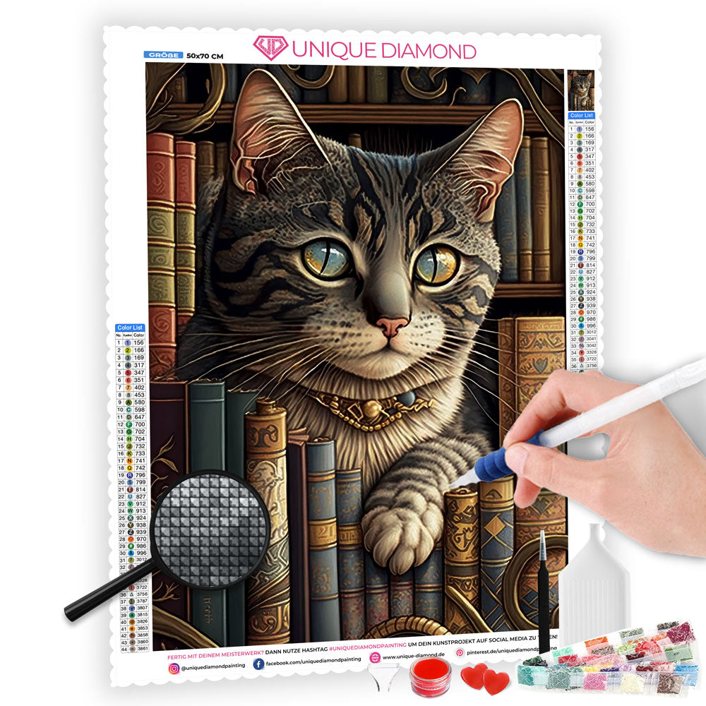 5D Diamond Painting Cat Under Books, Unique-Diamond