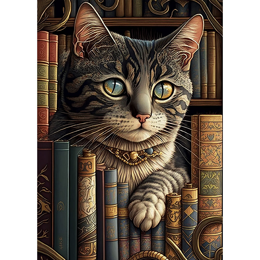 5D Diamond Painting Cat Under Books, Unique-Diamond