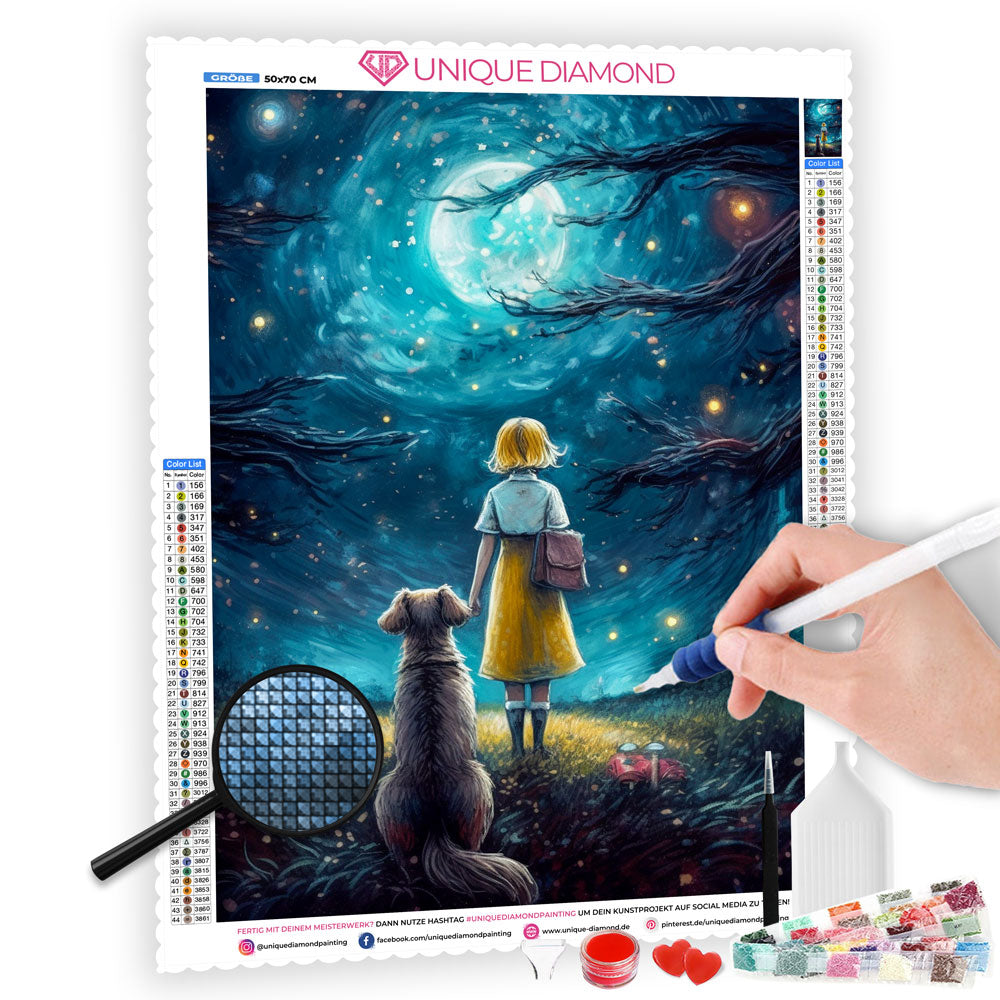 5D Diamond Painting AB Steine Girl With Dog By Moonlight, Unique-Diamond