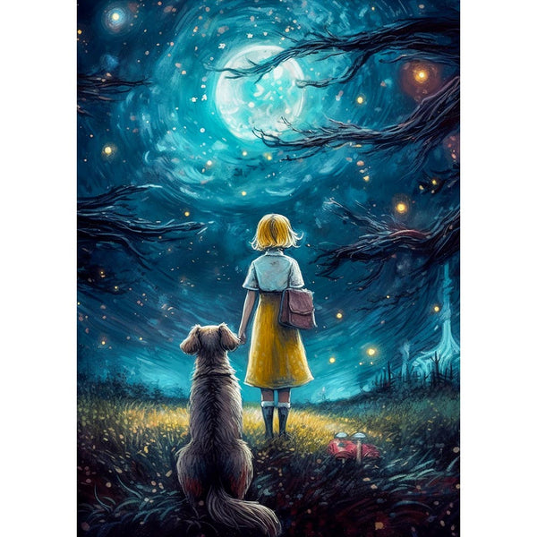 5D Diamond Painting AB Steine Girl With Dog By Moonlight, Unique-Diamond