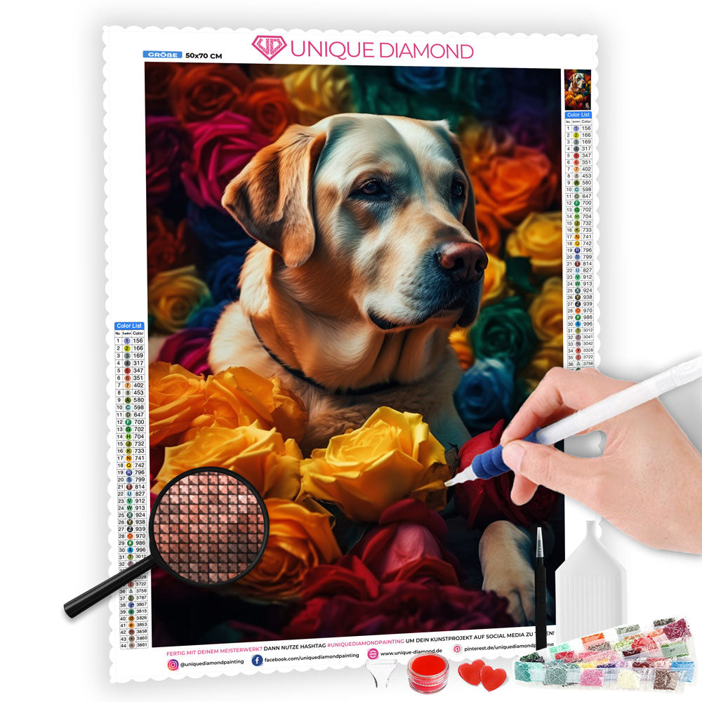 5D Diamond Painting AB Steine Hund in Blumen, Unique-Diamond