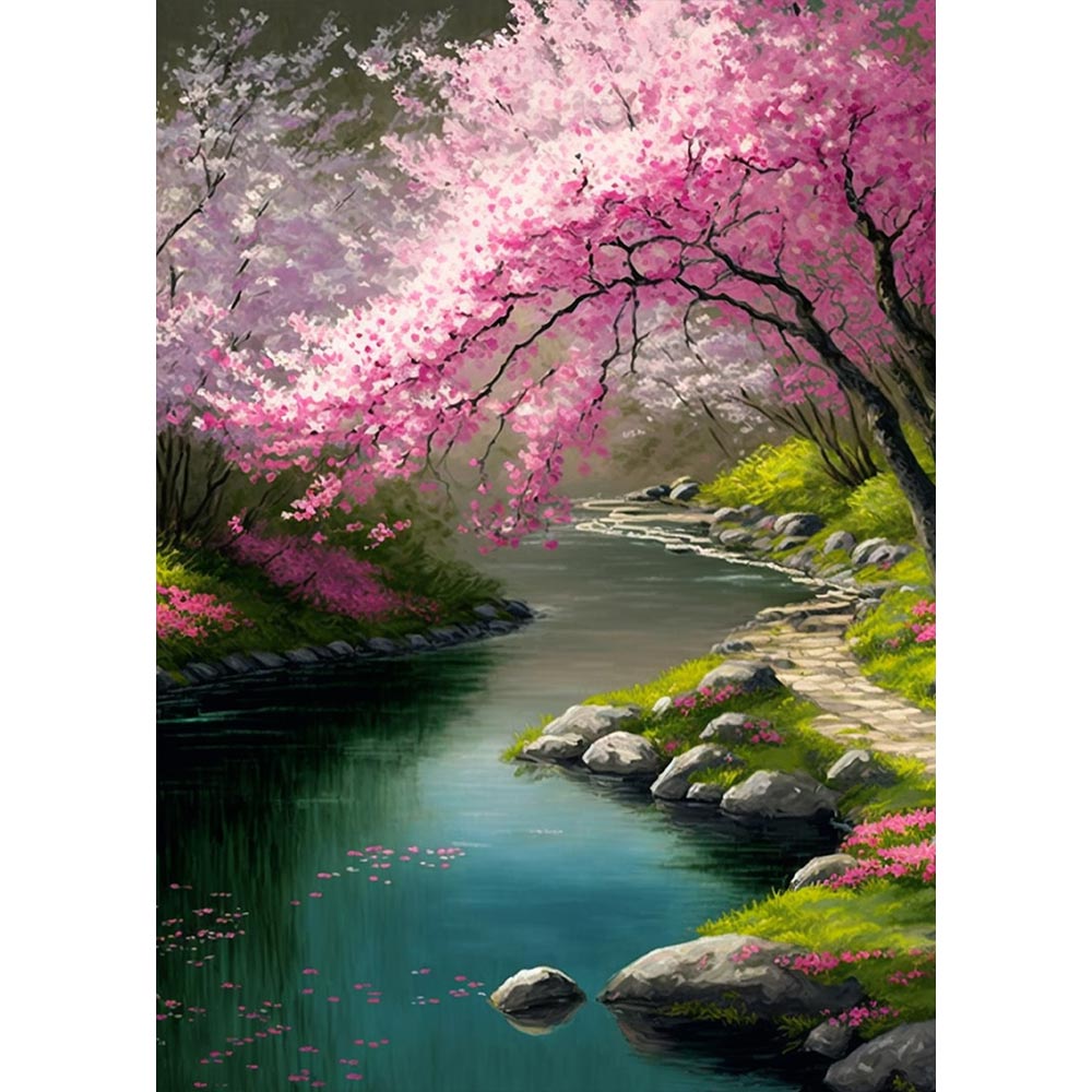5D Diamond Painting AB Steine River With Cherry Tree, Unique-Diamond