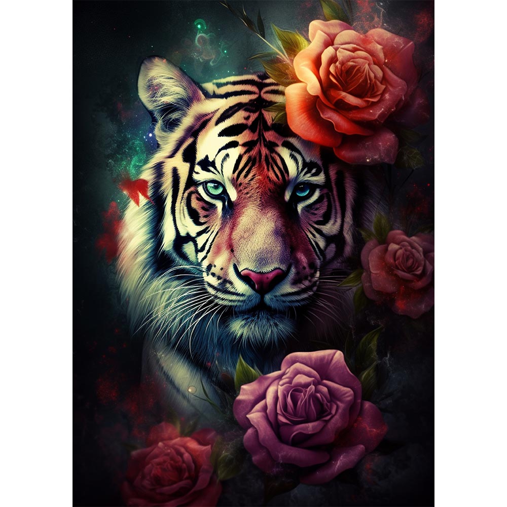 5D Diamond Painting AB Steine Tiger in Blumen, Unique-Diamond