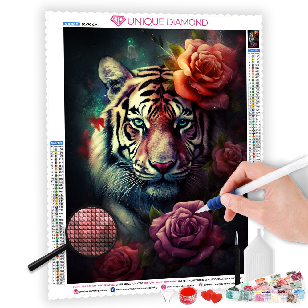 5D Diamond Painting AB Steine Tiger in Blumen, Unique-Diamond