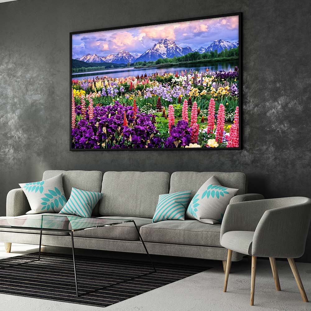 5D Diamond Painting – Blumenfeld in den Bergen Unique-Diamond