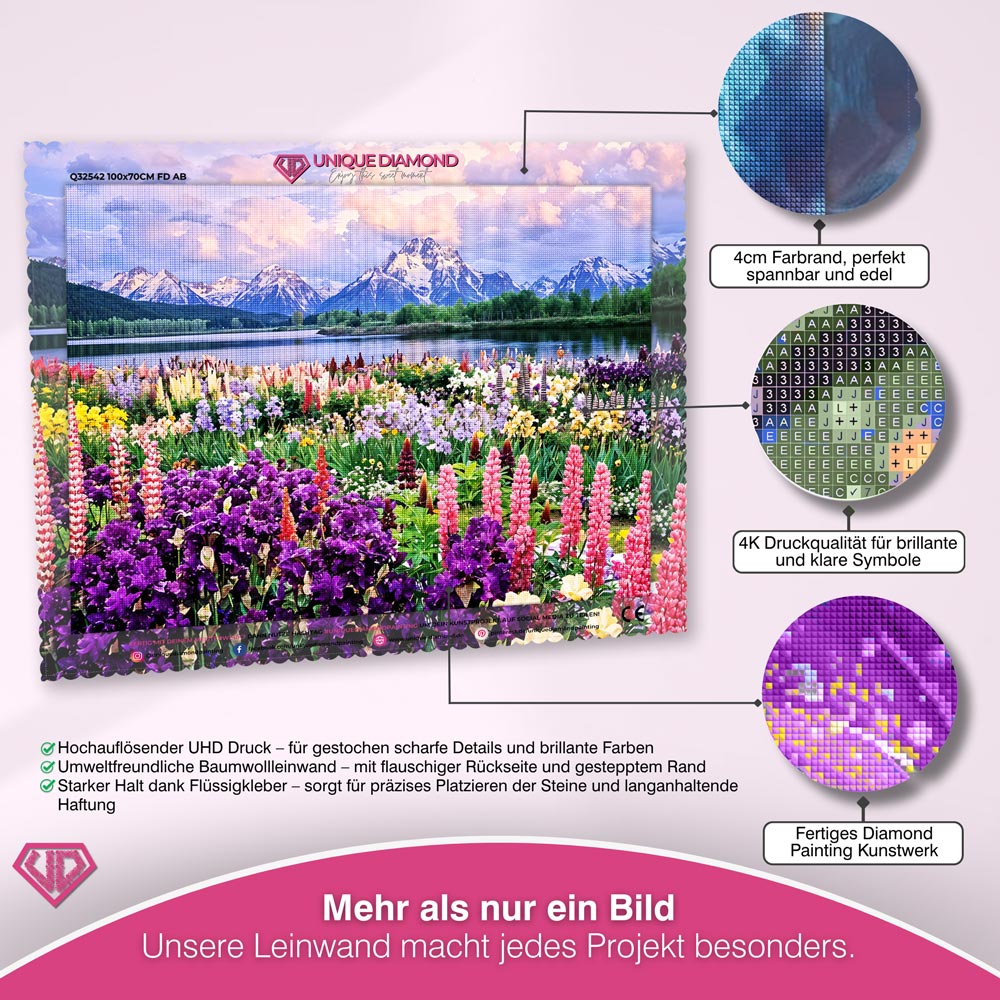 5D Diamond Painting – Blumenfeld in den Bergen Unique-Diamond