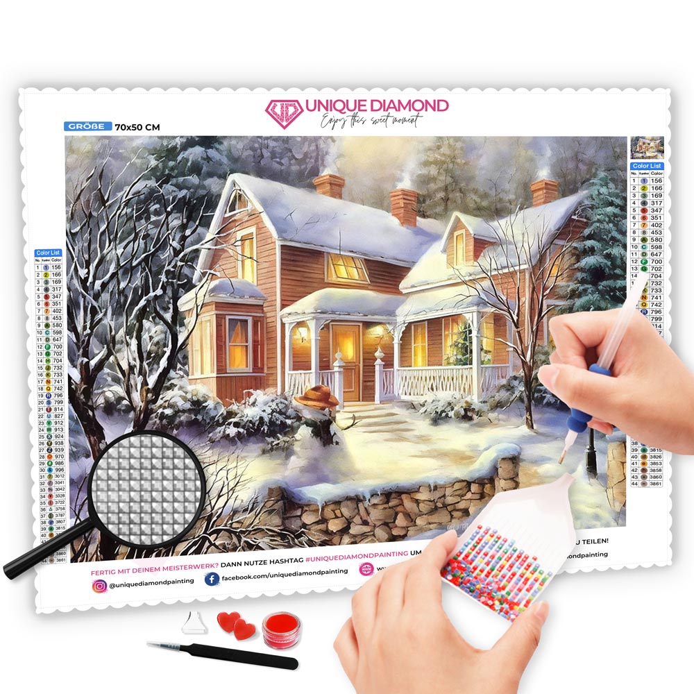 5D Diamond Painting leuchtender Winterhaus - Unique-Diamond