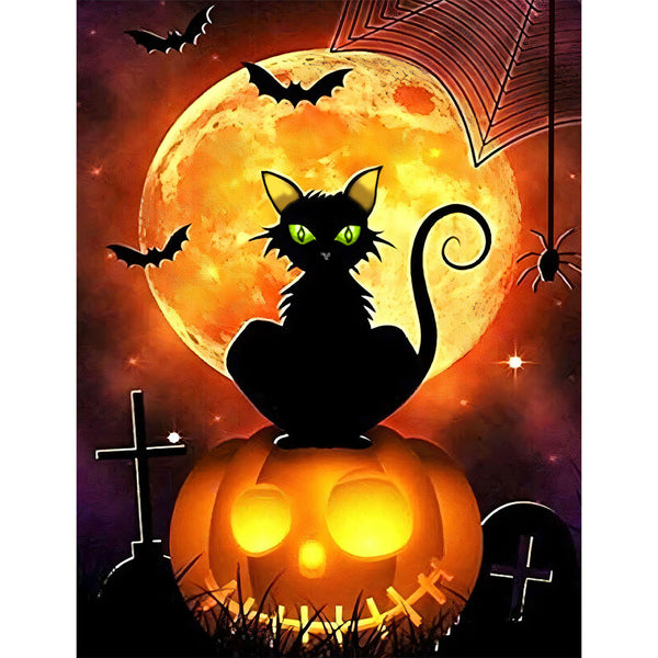 5D Diamond Painting Mondschein mit Katze in der Halloween Nacht, Unique-Diamond