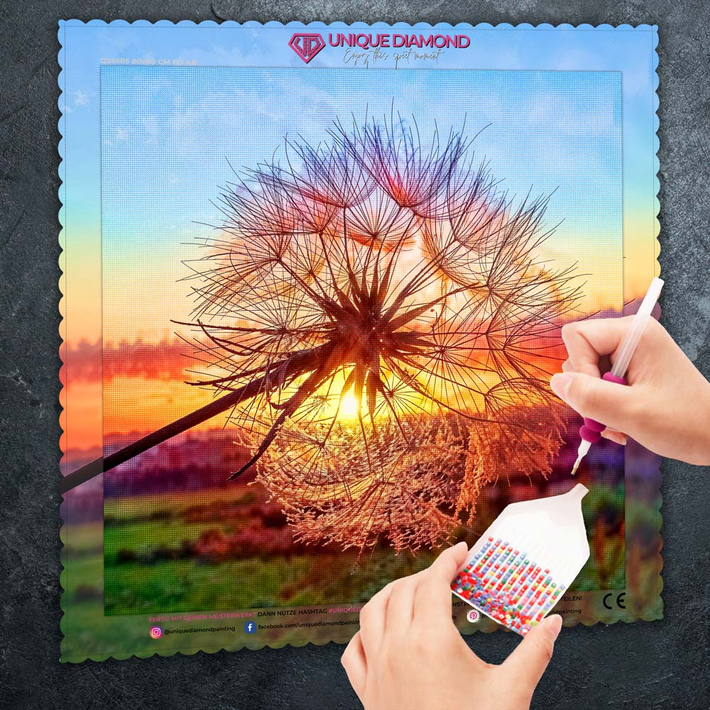 5D Diamond Painting – Pusteblume bei Sonnenuntergang Unique-Diamond