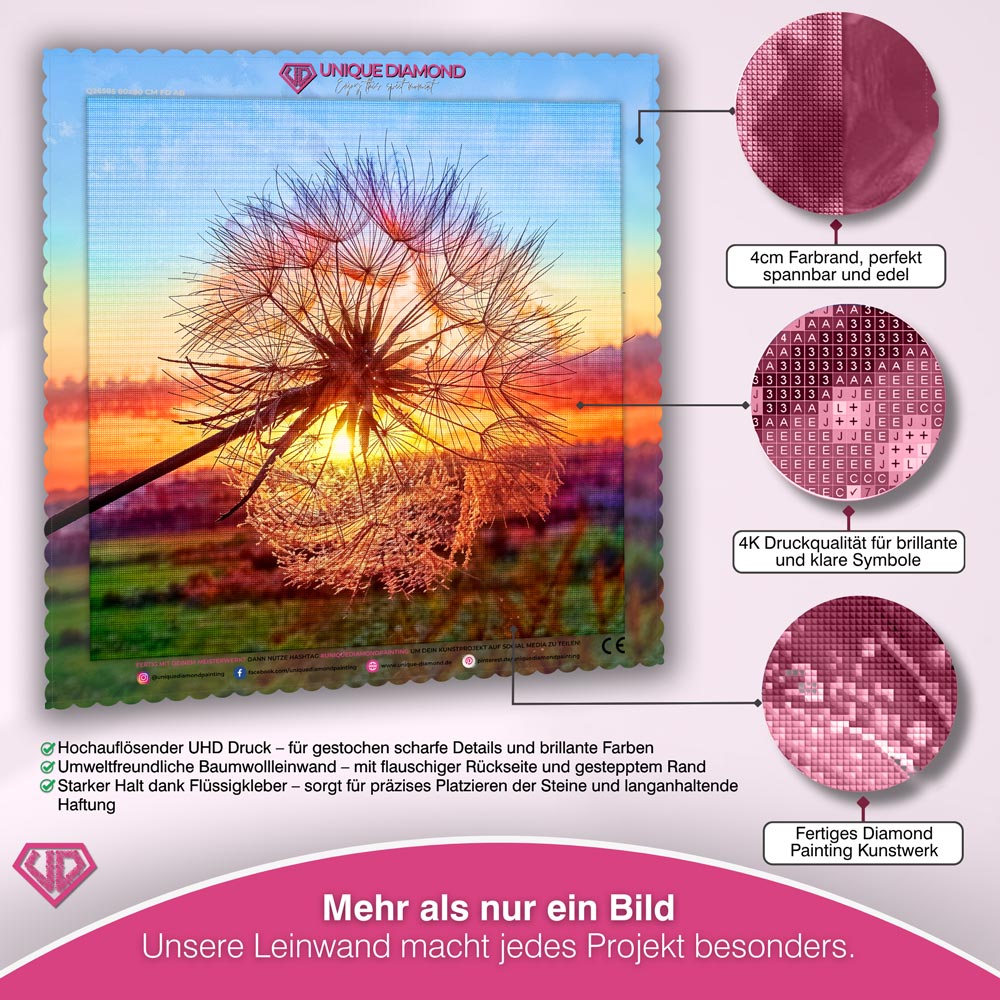 5D Diamond Painting – Pusteblume bei Sonnenuntergang Unique-Diamond