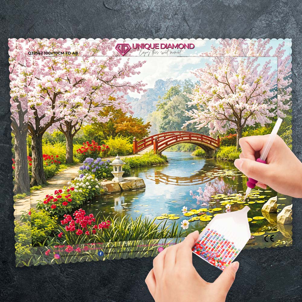 5D Diamond Painting – Teich mit Kirschbäumen Unique-Diamond