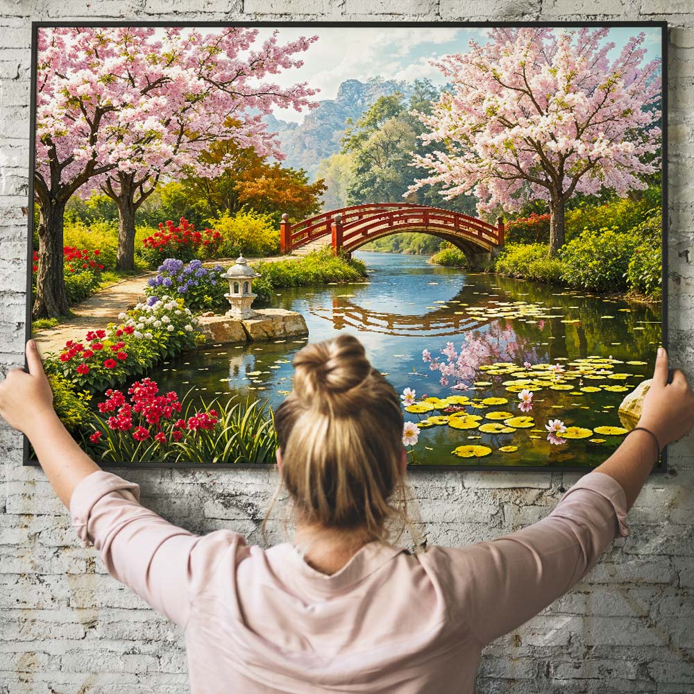 5D Diamond Painting – Teich mit Kirschbäumen Unique-Diamond