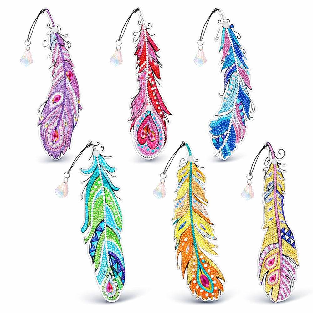 5D Diamond Painting Lesezeichen – Farbenwirbel der Federn im 6er-Set, Unique-Diamond