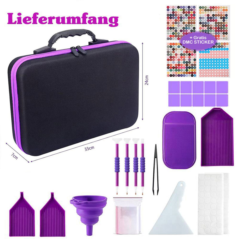 Diamond Painting Koffer Violett mit 60 Fächer + Zubehör, Unique-Diamond