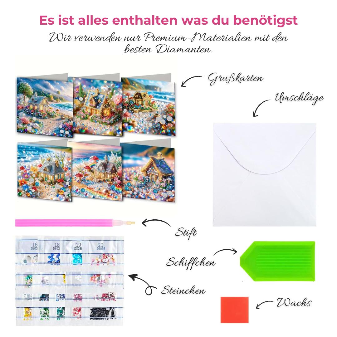 5D Diamond Painting Grußkarten – Glitzerhäuschen am Meer, Unique-Diamond