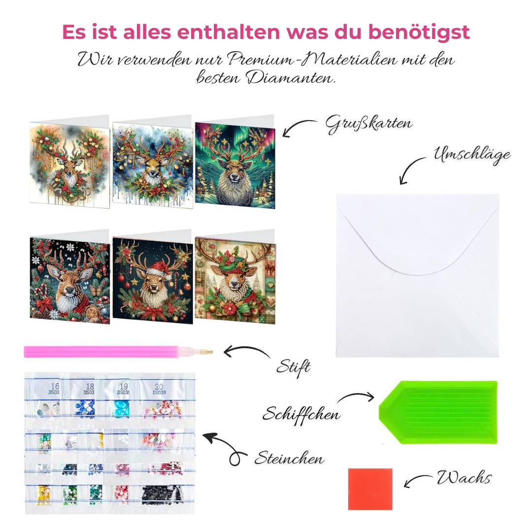 5D Diamond Painting Grußkarten – Weihnachts-Hirsche im Glanz der Lichter, Unique-Diamond