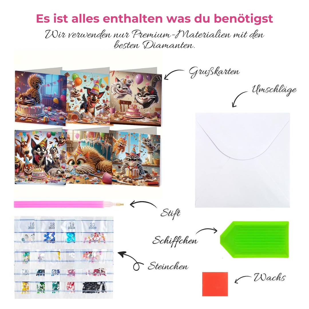 5D Diamond Painting Grußkarten – Tierischer Geburtstagskuchen-Chaos, Unique-Diamond