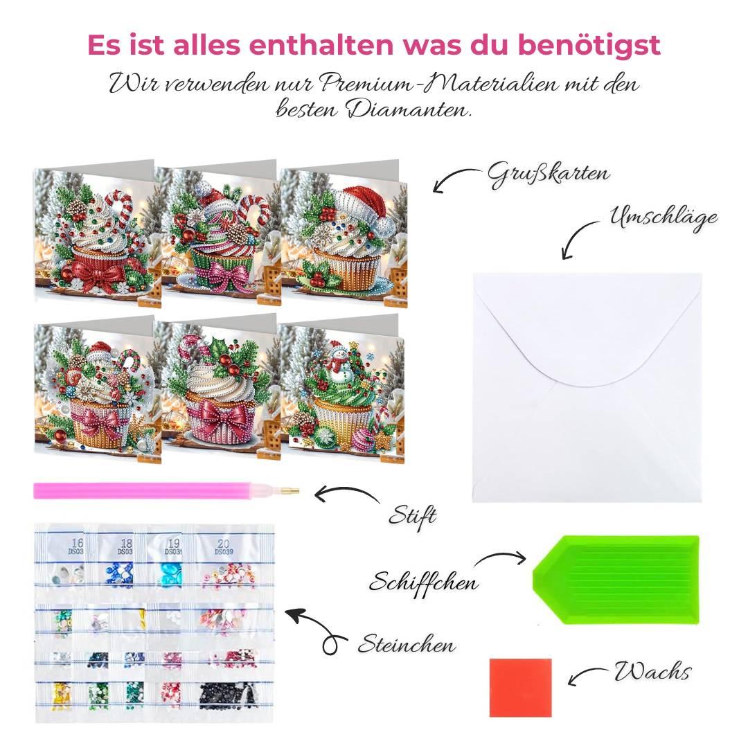 5D Diamond Painting Grußkarten – Weihnachtliche Cupcake 6 Stück, Unique-Diamond