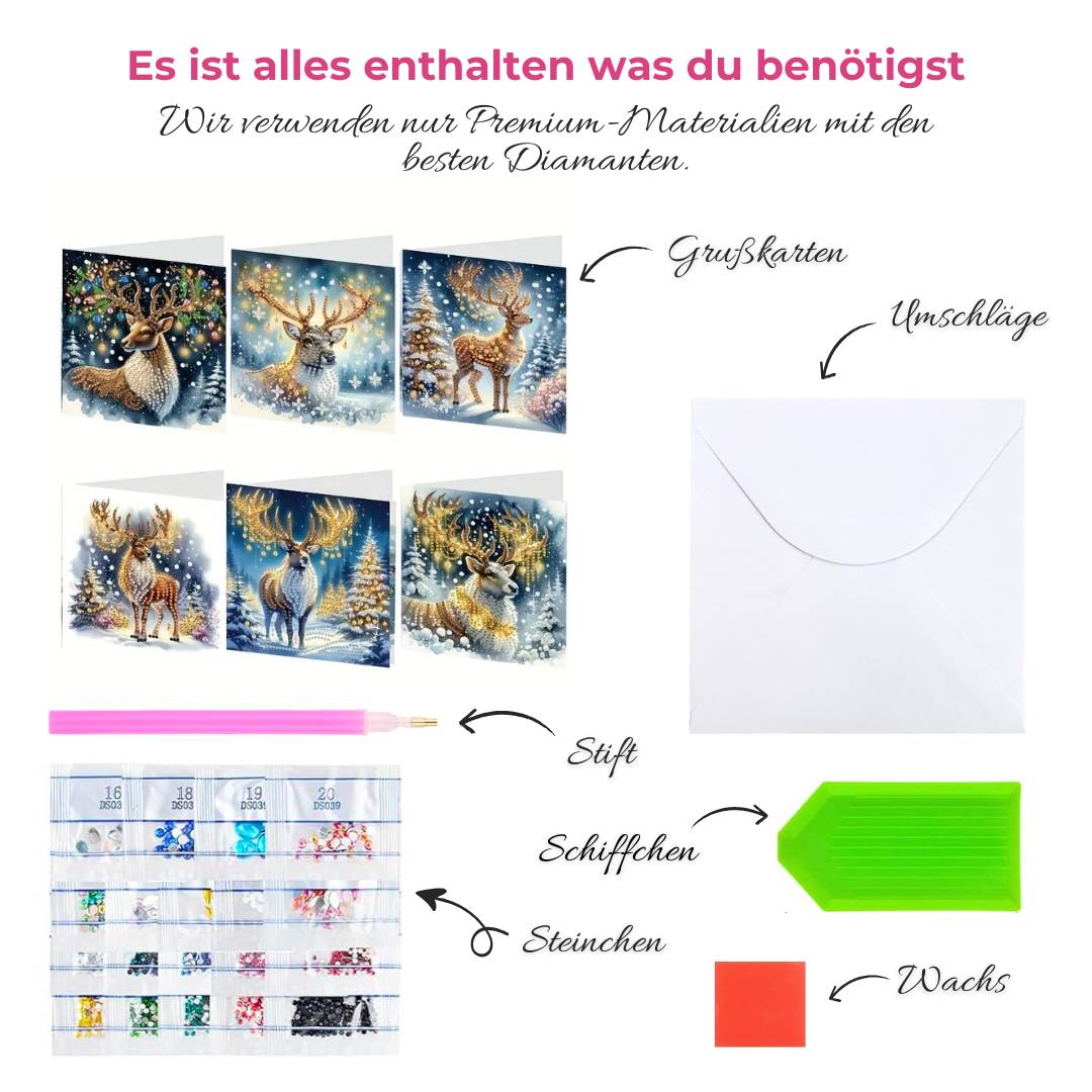 5D Diamond Painting Grußkarten – Winterhirsche im Lichterglanz Unique-Diamond