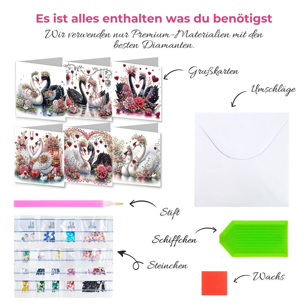 5D Diamond Painting Grußkarten – Schwanenliebe in Rot & Weiß, Unique-Diamond