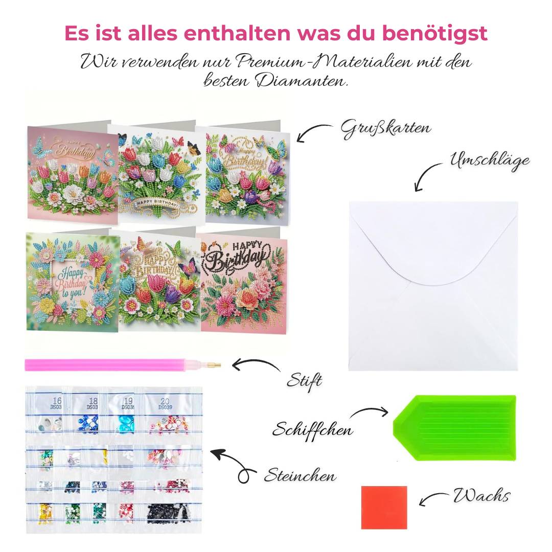 5D Diamond Painting Grußkarten – Geburtstagsblumen mit Schmetterlingen, Unique-Diamond