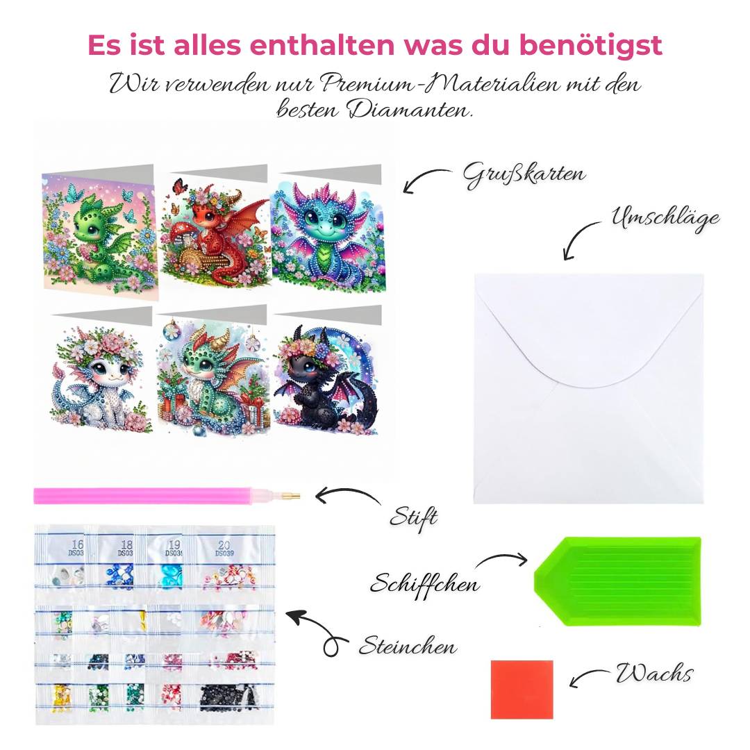 5D Diamond Painting Grußkarten – Drachenfreunde mit Glitzerflügeln Unique-Diamond