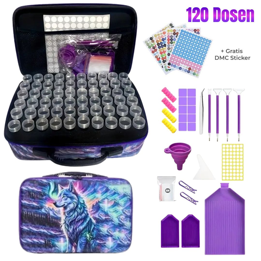 Diamond Painting Koffer Wolf mit 60/70/120 Dosen + Zubehör Unique-Diamond