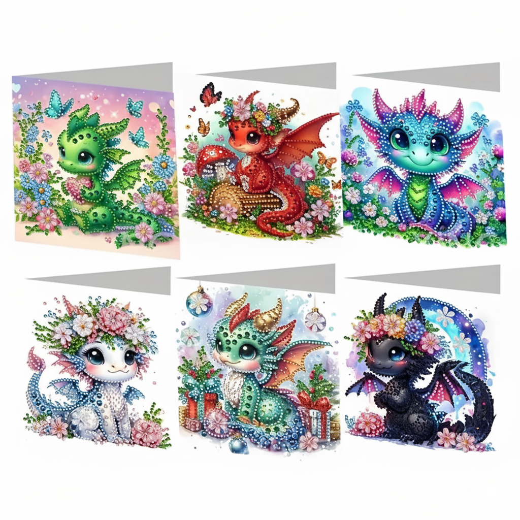 5D Diamond Painting Grußkarten – Drachenfreunde mit Glitzerflügeln