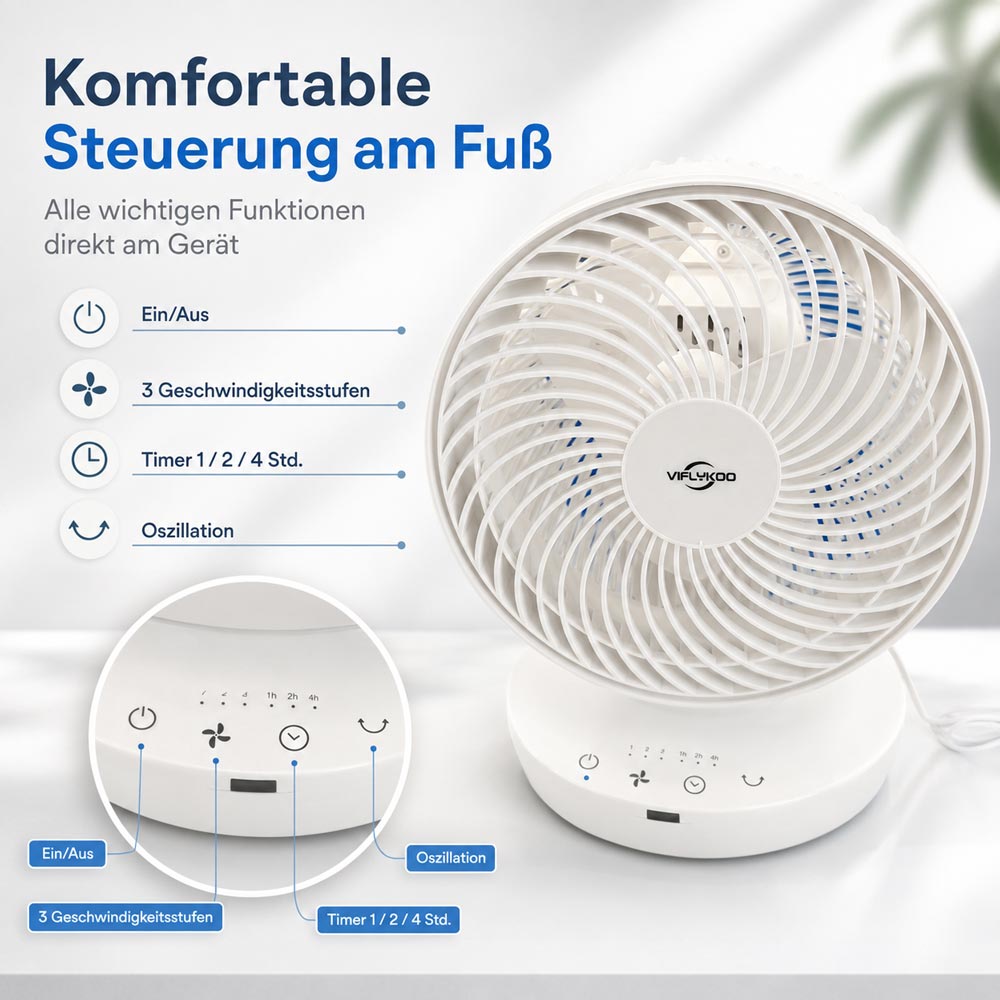 VIFLYKOO / ROVLAK Luftzirkulationsventilator – 3 Stufen, Timer & Fernbedienung | LF1