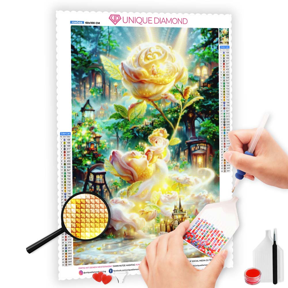 5D Diamond Painting XXL AB Steine Magic Golden Rose, Unique-Diamond