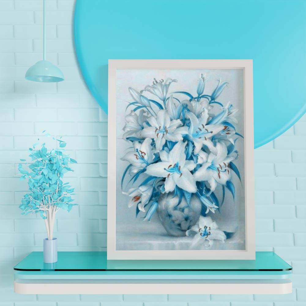 5D Diamond Painting Blaue Blumen im Topf im bilderrahmen Unique-Diamond