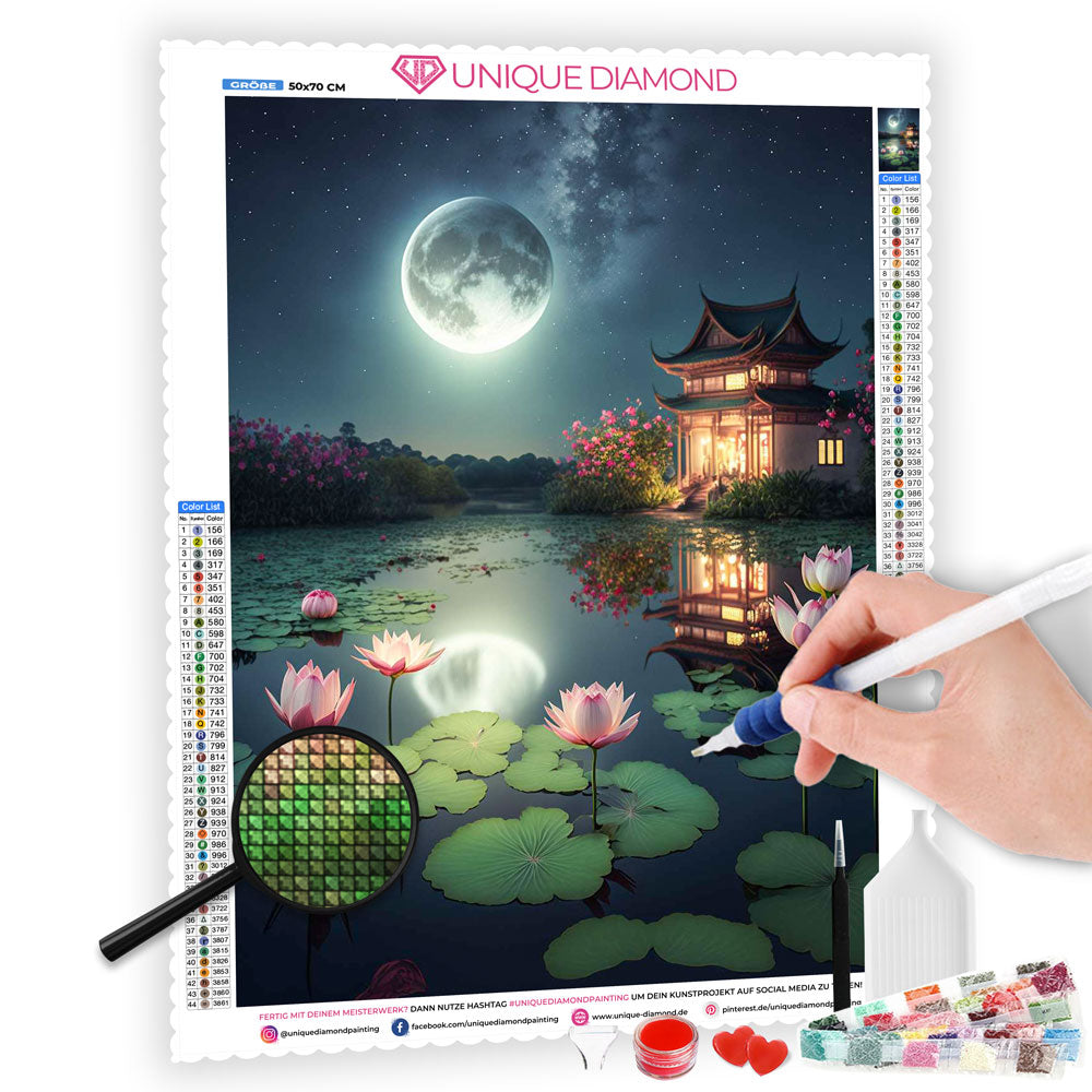 5D Diamond Painting Lotus Teich, Unique-Diamond