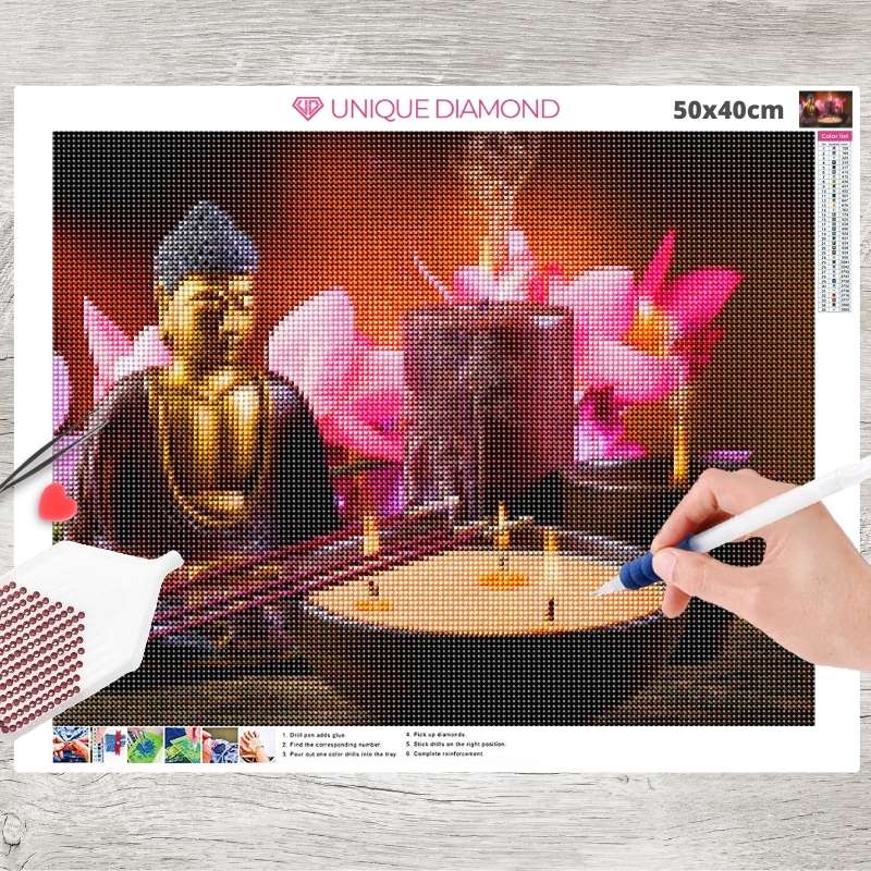 5D Diamond Painting AB Steine Buddha mit Kerze - Unique-Diamond